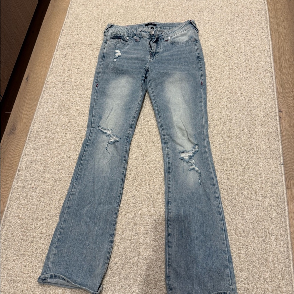 BECCA Light Blue Distressed Flare Jeans